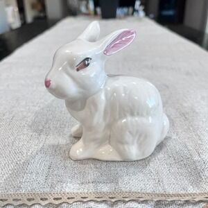 Vintage Enesco Ceramic White Bunny Rabbit Figurine Pink Ears 1988 Taiwan